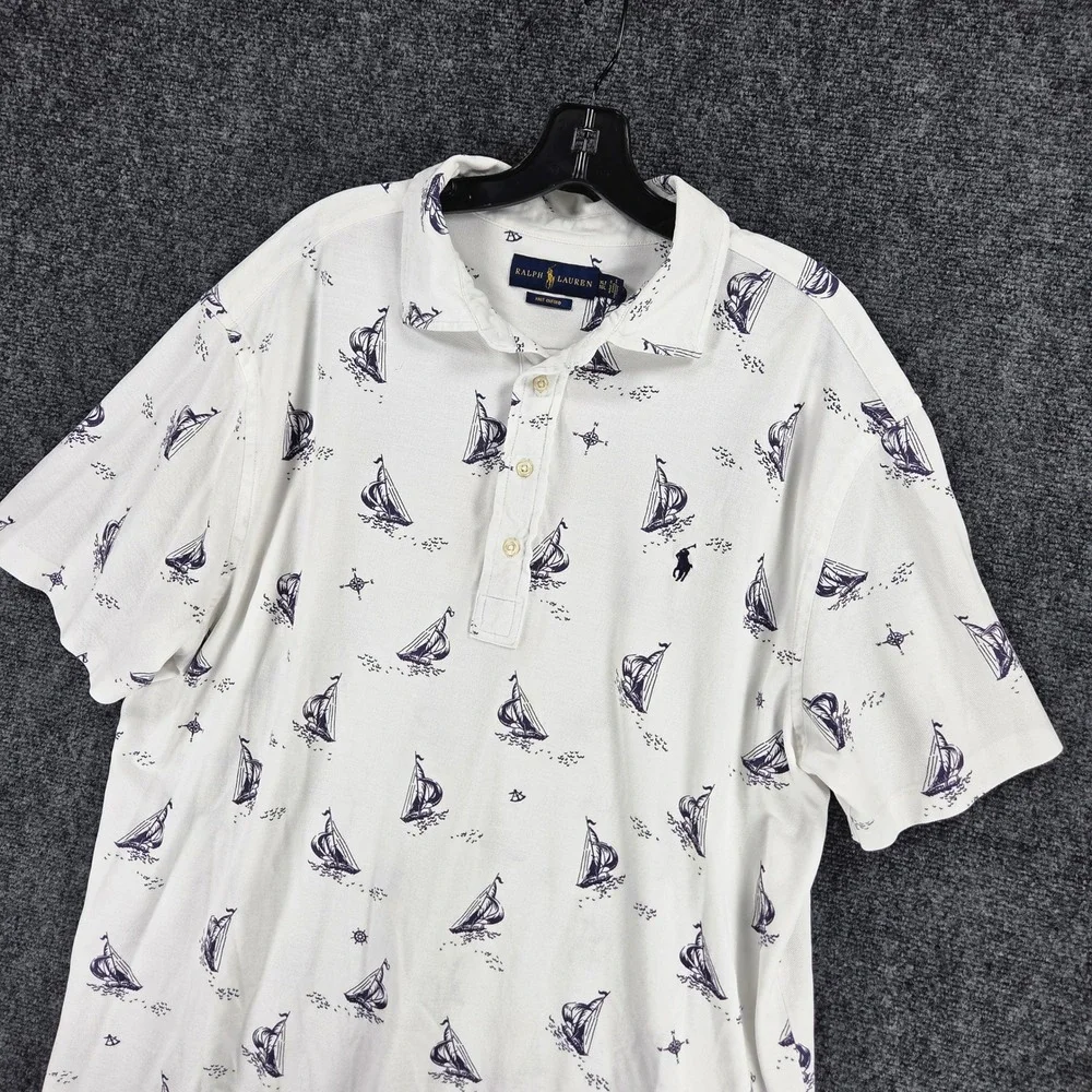 Ralph Lauren Knit Oxford Mens XLT Sailboat Print White Cotton Polo Preppy Yacht